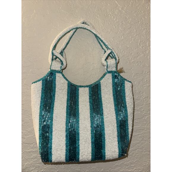Unbranded Handbags - Turquoise & White Striped Beaded Bag Handbag NWT M ade in India